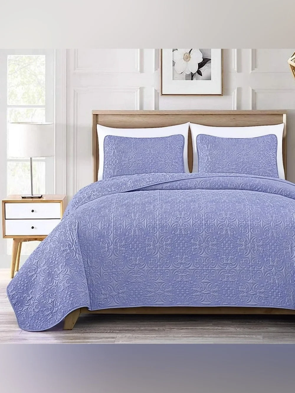 Lavender Quilted king 3 piece Bedspread Set - Soft Floral Embossed Design
